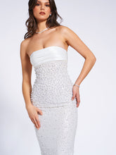 Load image into Gallery viewer, Lainey White Satin Sequin Pearls Beaded Maxi Dress

