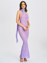 Load image into Gallery viewer, Olena Purple Burnout Velvet Animal Print Mesh Halter Neck Maxi Dress
