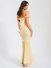 Load image into Gallery viewer, Ersilia Pale Yellow Satin Lace Peplum Corset Off Shoulder Maxi Dress
