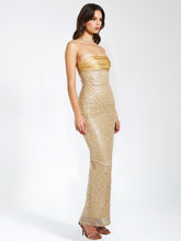 Load image into Gallery viewer, Lainey Gold Satin Sequin Pearls Beaded Maxi Dress
