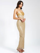 Load image into Gallery viewer, Lainey Gold Satin Sequin Pearls Beaded Maxi Dress
