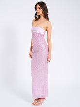 Load image into Gallery viewer, Lainey Purple Satin Sequin Pearls Beaded Maxi Dress
