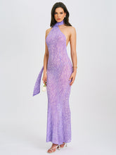 Load image into Gallery viewer, Olena Purple Burnout Velvet Animal Print Mesh Halter Neck Maxi Dress

