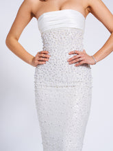 Load image into Gallery viewer, Lainey White Satin Sequin Pearls Beaded Maxi Dress
