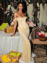 Load image into Gallery viewer, Ersilia Pale Yellow Satin Lace Peplum Corset Off Shoulder Maxi Dress
