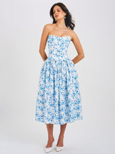 Load image into Gallery viewer, Paloma Blue Print Linen Corset Draping Top Midi Dress
