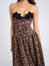 Load image into Gallery viewer, Uchenna Cheetah Print Stretchy Strapless Midi Dress with lace trim
