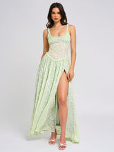 Load image into Gallery viewer, Ulissa Light Green Square Neck Jacquard Textured High Slit Maxi Dress

