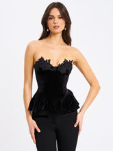 Load image into Gallery viewer, Qiara Black Velvet Peplum Top with Lace Trim
