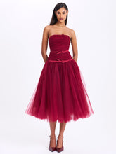 Load image into Gallery viewer, Mabel Burgundy Drop Waist Layered Mesh Midi Puffy Dress with Bow
