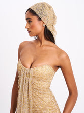 Load image into Gallery viewer, Ada Gold Rhinestone Embellished Strapless Gown with Head Scarf
