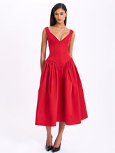 Load image into Gallery viewer, Nahla Red Drop Waist Midi Dress with Buttons
