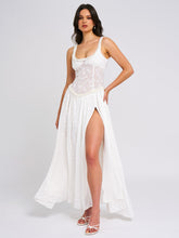 Load image into Gallery viewer, Ulissa White Square Neck Jacquard Textured High Slit Maxi Dress
