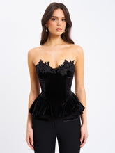 Load image into Gallery viewer, Qiara Black Velvet Peplum Top with Lace Trim
