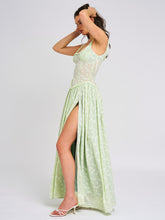 Load image into Gallery viewer, Ulissa Light Green Square Neck Jacquard Textured High Slit Maxi Dress
