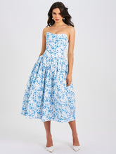 Load image into Gallery viewer, Paloma Blue Print Linen Corset Draping Top Midi Dress
