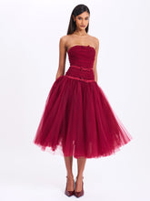 Load image into Gallery viewer, Mabel Burgundy Drop Waist Layered Mesh Midi Puffy Dress with Bow
