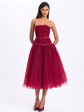 Load image into Gallery viewer, Mabel Burgundy Drop Waist Layered Mesh Midi Puffy Dress with Bow
