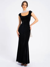 Load image into Gallery viewer, Rachael Black Velvet Pearl Embellished Gown
