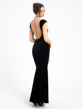 Load image into Gallery viewer, Rachael Black Velvet Pearl Embellished Gown
