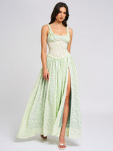 Load image into Gallery viewer, Ulissa Light Green Square Neck Jacquard Textured High Slit Maxi Dress

