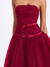 Load image into Gallery viewer, Mabel Burgundy Drop Waist Layered Mesh Midi Puffy Dress with Bow

