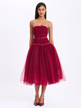 Load image into Gallery viewer, Mabel Burgundy Drop Waist Layered Mesh Midi Puffy Dress with Bow
