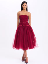 Load image into Gallery viewer, Mabel Burgundy Drop Waist Layered Mesh Midi Puffy Dress with Bow
