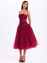 Load image into Gallery viewer, Mabel Burgundy Drop Waist Layered Mesh Midi Puffy Dress with Bow

