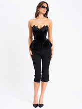 Load image into Gallery viewer, Qiara Black Velvet Peplum Top with Lace Trim
