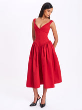 Load image into Gallery viewer, Nahla Red Drop Waist Midi Dress with Buttons
