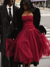 Load image into Gallery viewer, Mabel Burgundy Drop Waist Layered Mesh Midi Puffy Dress with Bow
