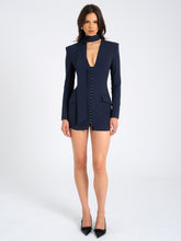 Load image into Gallery viewer, Tahlia Deep V Pinstripes Navy Blue Blazer Dress with scarf collar
