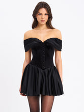 Load image into Gallery viewer, Echo Black Velvet Off-shoulder Pleated Mini Dress
