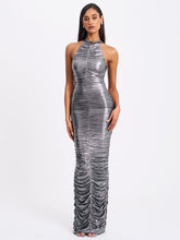 Load image into Gallery viewer, Abril Ruched Silver Glitter Backless Gown

