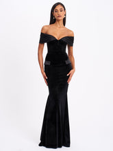 Load image into Gallery viewer, Qamra Black Velvet Off Shoulder Mermaid Maxi Dress
