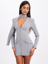 Load image into Gallery viewer, Tahlia Deep V Pinstripes Gray Blazer Dress with scarf collar
