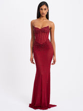 Load image into Gallery viewer, Fatima Burgundy Crystal Sleeveless Corset Mermaid Maxi Dress

