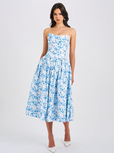 Load image into Gallery viewer, Paloma Blue Print Linen Corset Draping Top Midi Dress
