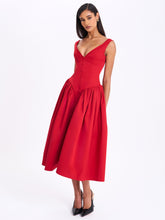 Load image into Gallery viewer, Nahla Red Drop Waist Midi Dress with Buttons
