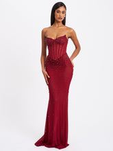 Load image into Gallery viewer, Fatima Burgundy Crystal Sleeveless Corset Mermaid Maxi Dress
