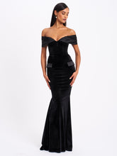 Load image into Gallery viewer, Qamra Black Velvet Off Shoulder Mermaid Maxi Dress
