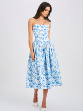 Load image into Gallery viewer, Paloma Blue Print Linen Corset Draping Top Midi Dress
