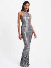 Load image into Gallery viewer, Abril Ruched Silver Glitter Backless Gown

