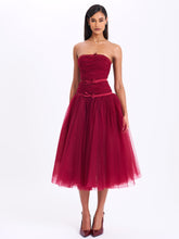 Load image into Gallery viewer, Mabel Burgundy Drop Waist Layered Mesh Midi Puffy Dress with Bow
