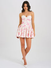 Load image into Gallery viewer, Samara Floral Drop Waist Linen Corset Puffy Mini Dress
