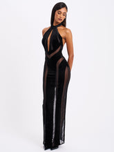 Load image into Gallery viewer, Paityn Black Velvet Mesh Cutout Halter Gown
