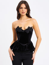 Load image into Gallery viewer, Qiara Black Velvet Peplum Top with Lace Trim
