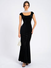 Load image into Gallery viewer, Rachael Black Velvet Pearl Embellished Gown
