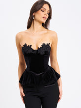Load image into Gallery viewer, Qiara Black Velvet Peplum Top with Lace Trim
